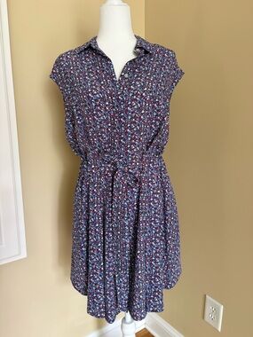 Tory Burch Navy Floral Tie-Waist Shirt Dress